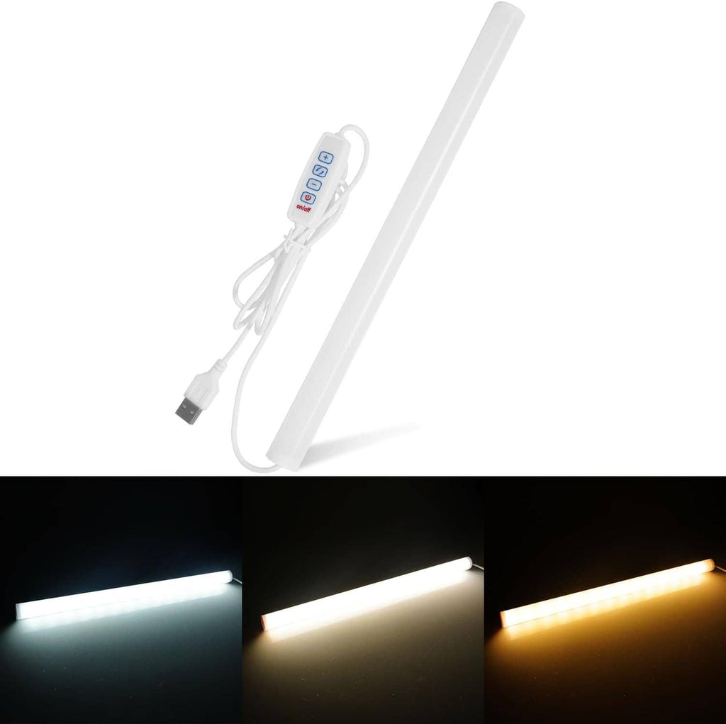White 12-inch USB LED light bar producing white, warm white, and yellow light