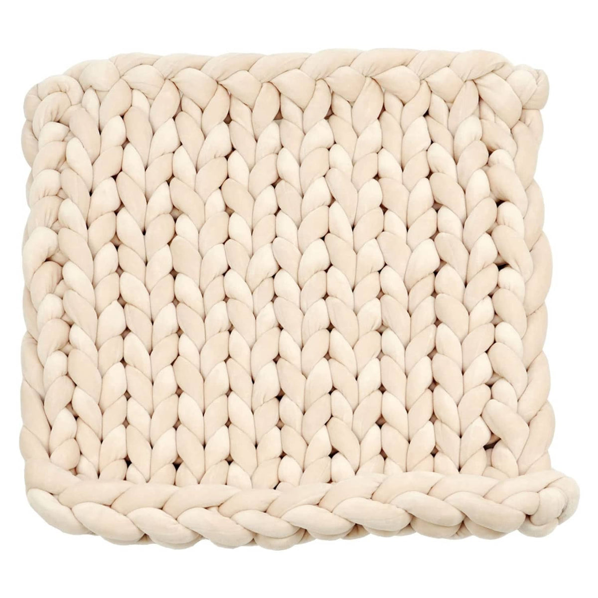 Beige chunky knit blanket swatch with raised braided texture.