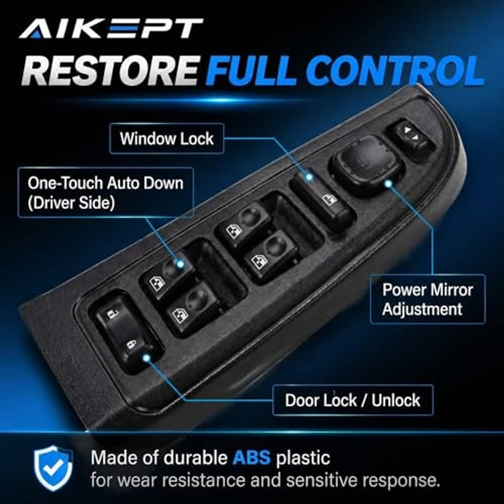 Black power window switch showing window lock, auto down, and mirror adjustment controls