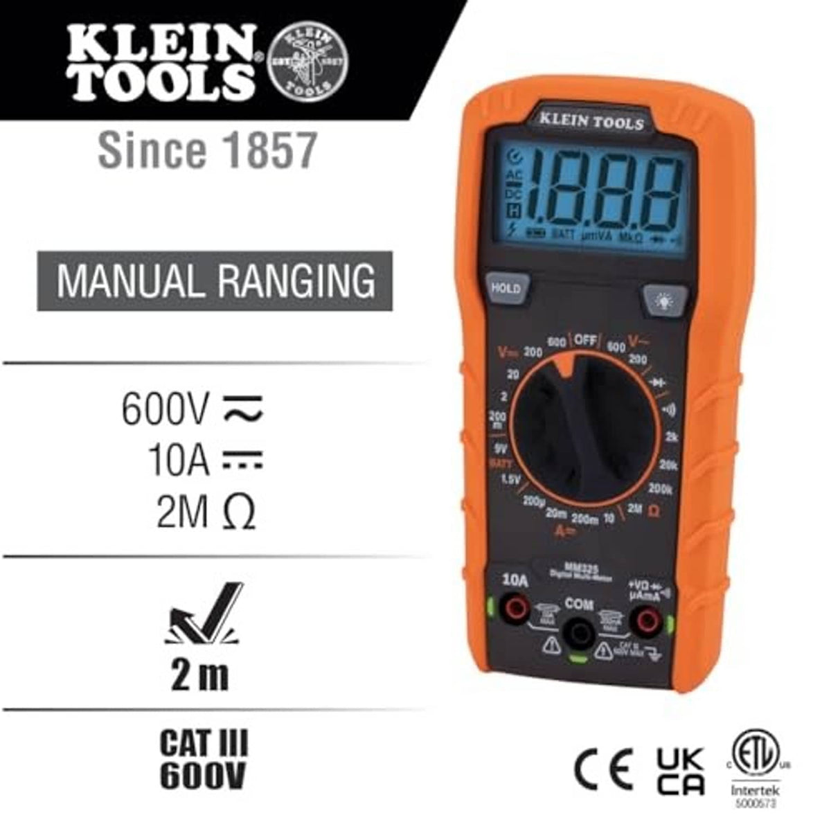 Orange digital multimeter featuring LCD display, rotary range dial, and front selector controls.