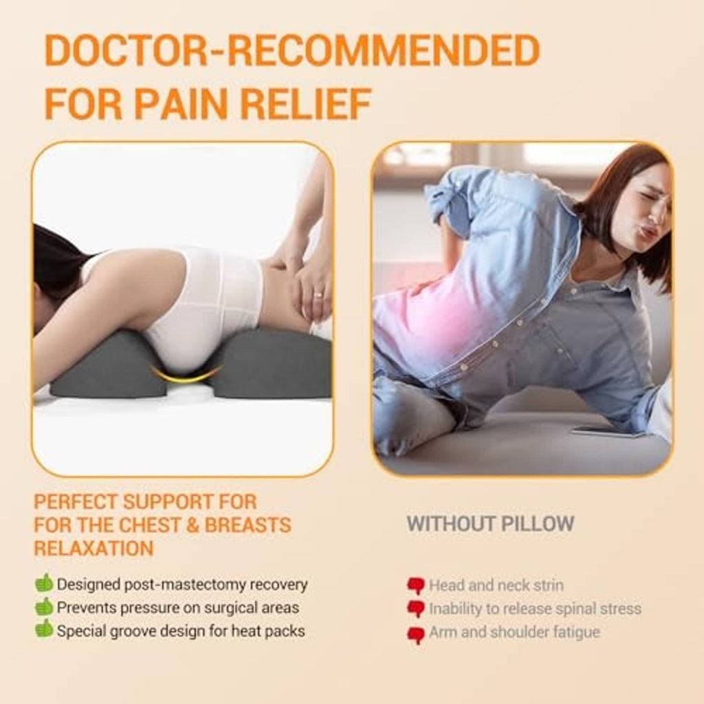 Dark gray massage breast pillow supporting chest in a face-down comfort position