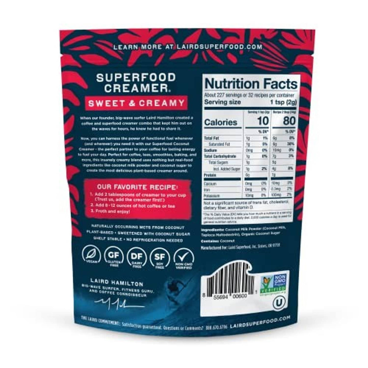 Laird Superfood coconut creamer pouch, back panel with Nutrition Facts
