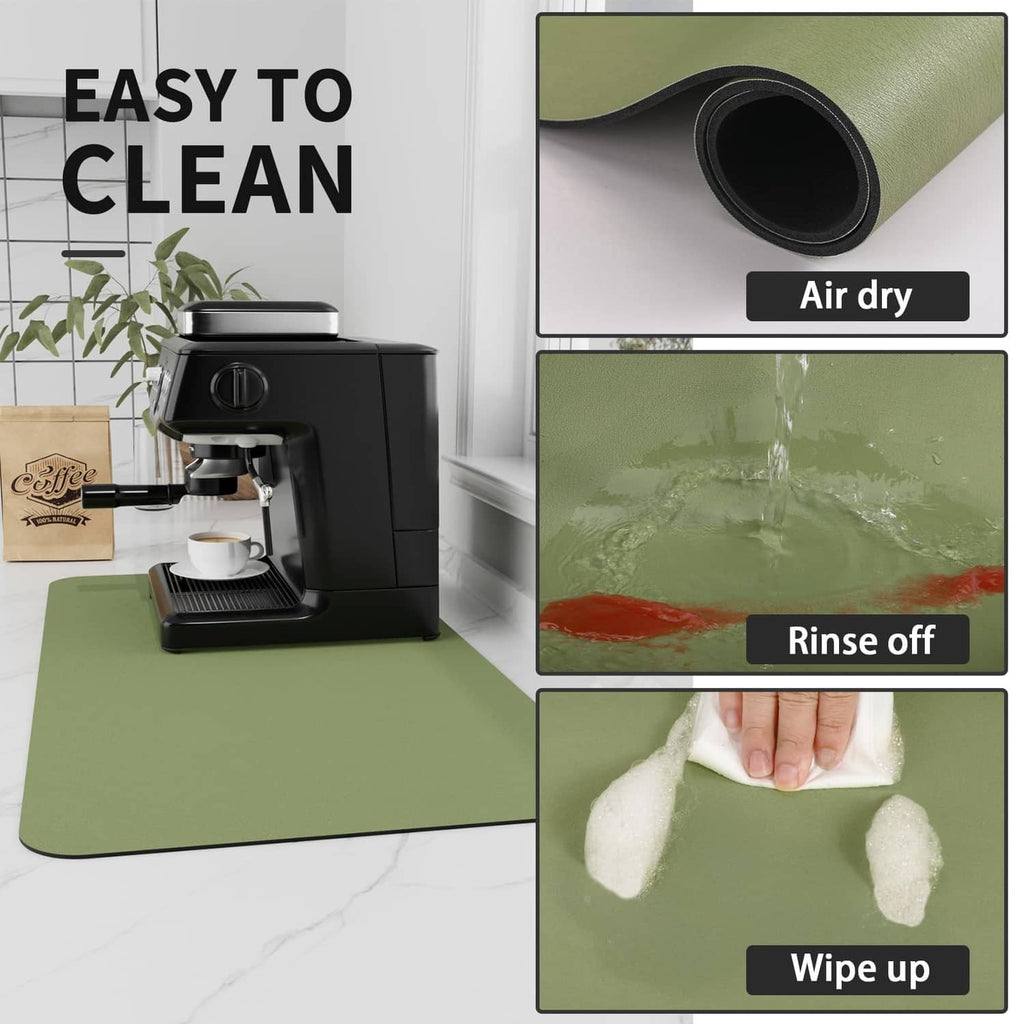 Green coffee mat being wiped clean with cloth, flat absorbent surface