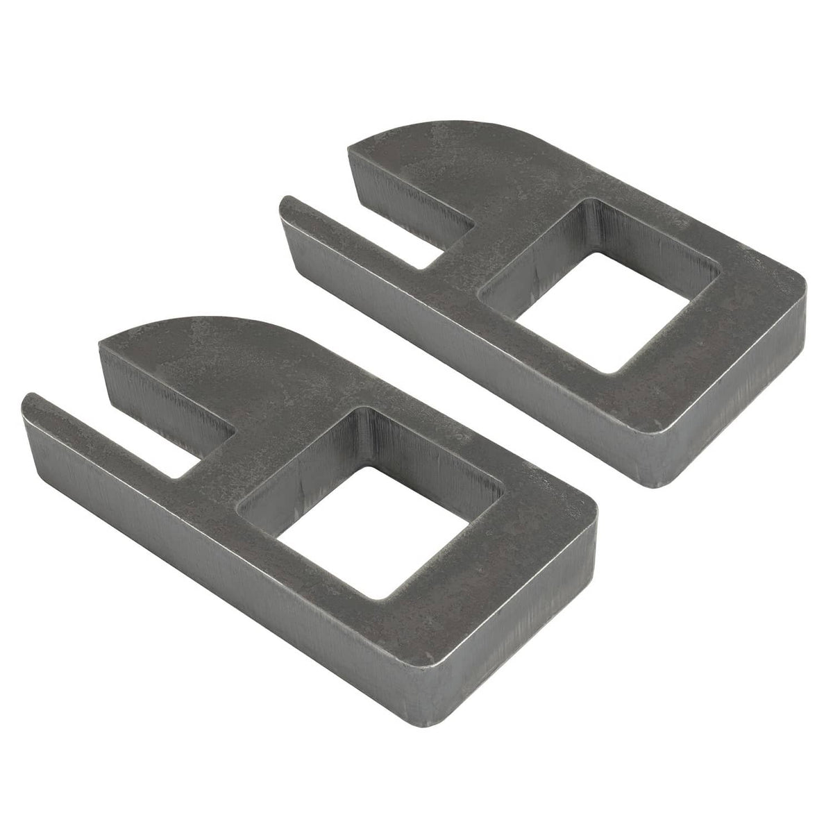 Two dark gray steel clip brackets with angular slots and square openings