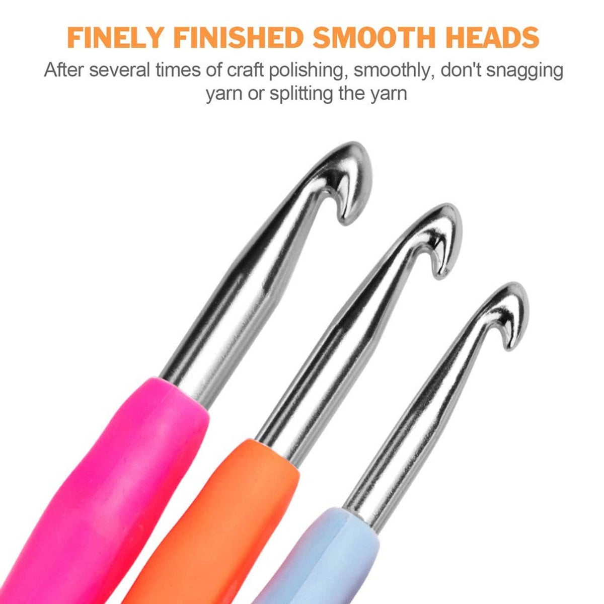 Set of smooth crochet hook tips with reflective metal heads and colored ergonomic grips