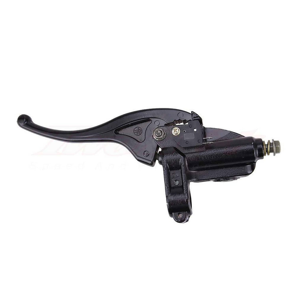 Front right brake master cylinder with curved lever, black reservoir housing