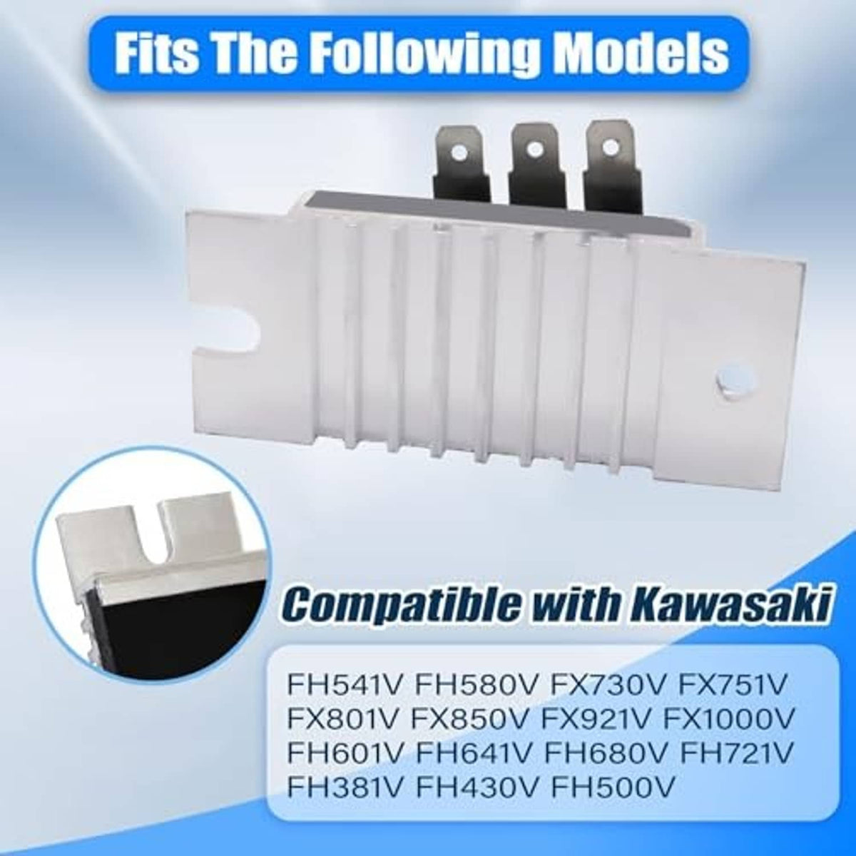 Silver finned voltage regulator rectifier with three mounting posts and round side hole