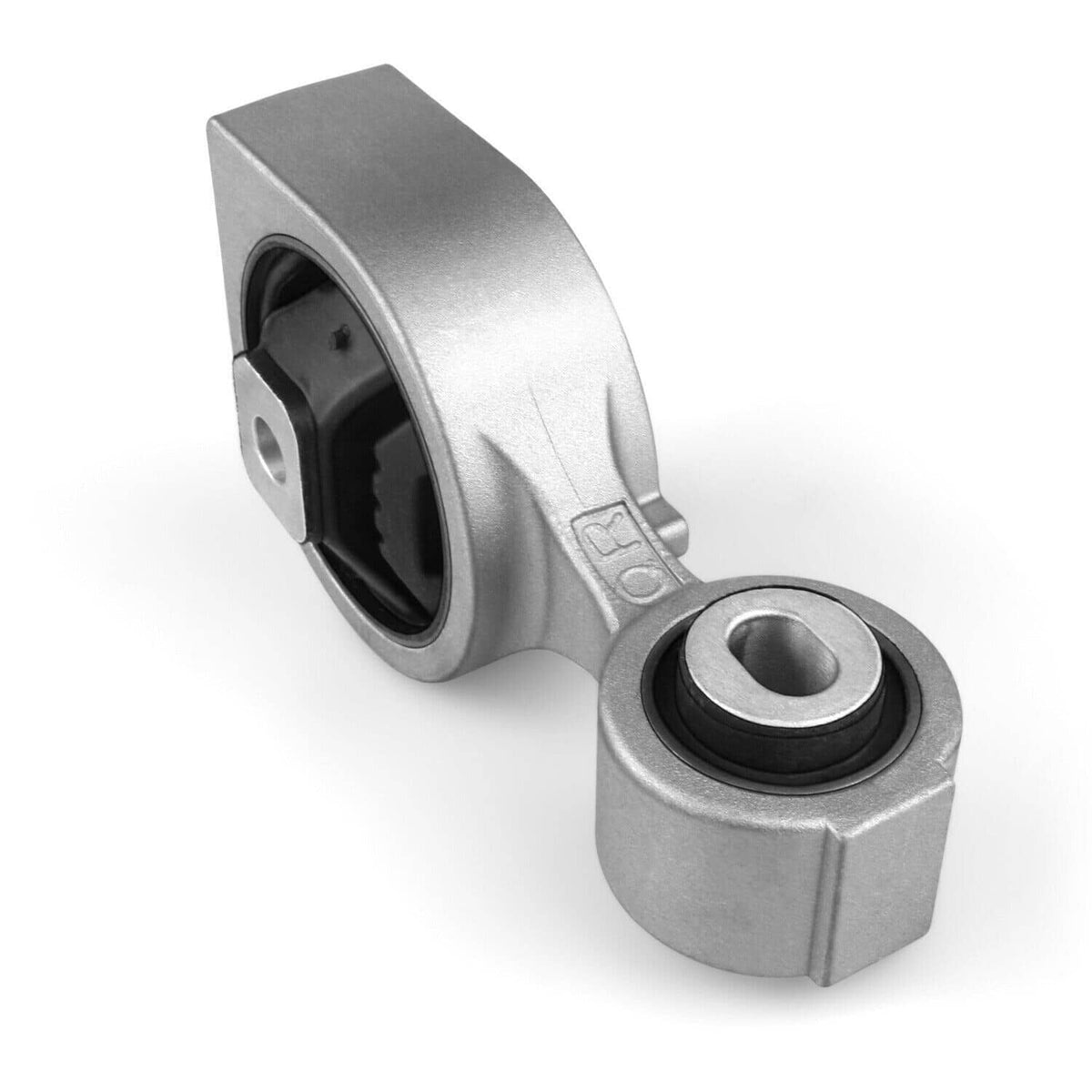 Front torque strut mount with silver metal body, black bushing, and small end bearing