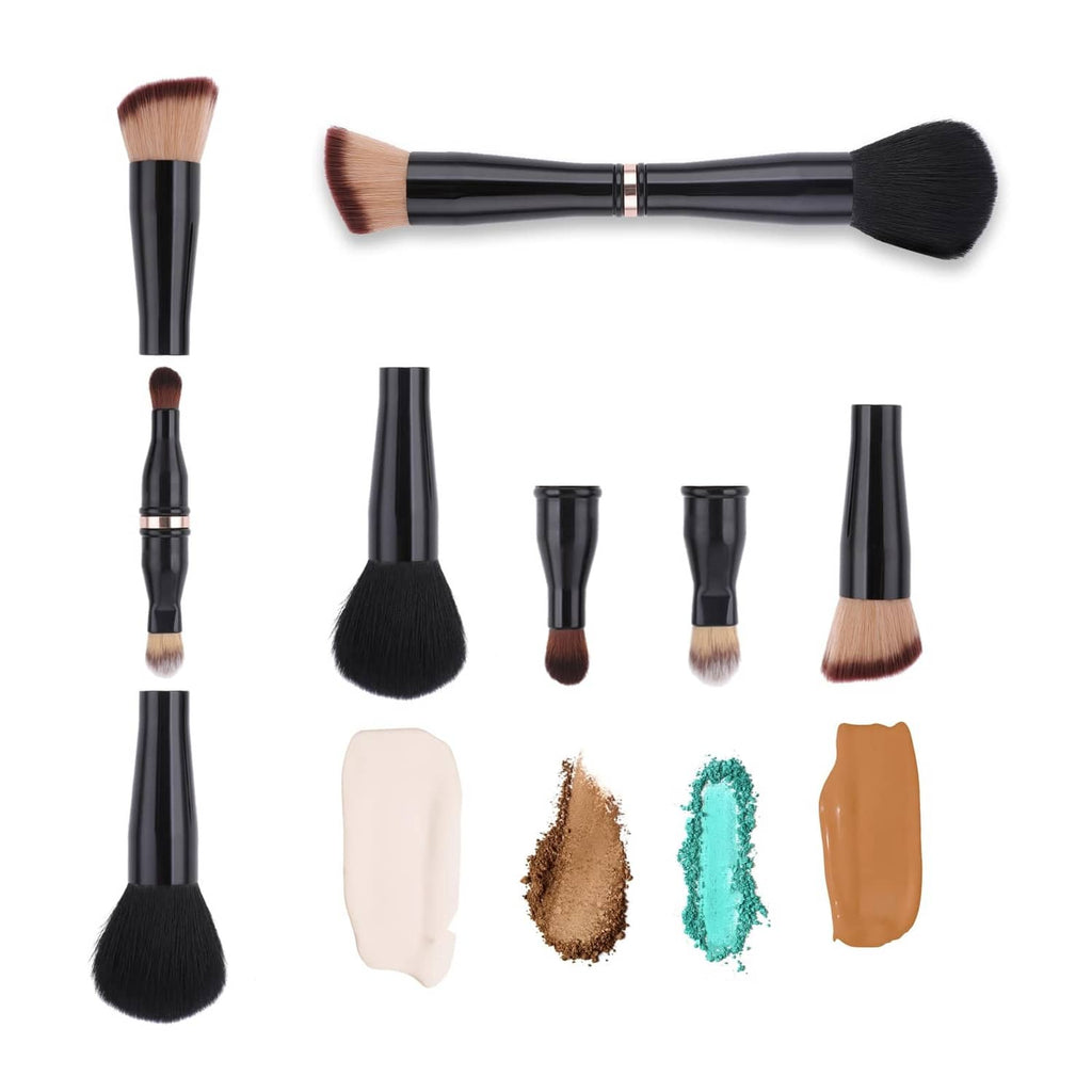 Assorted black makeup brushes with visible bristle types and foundation tone swatches
