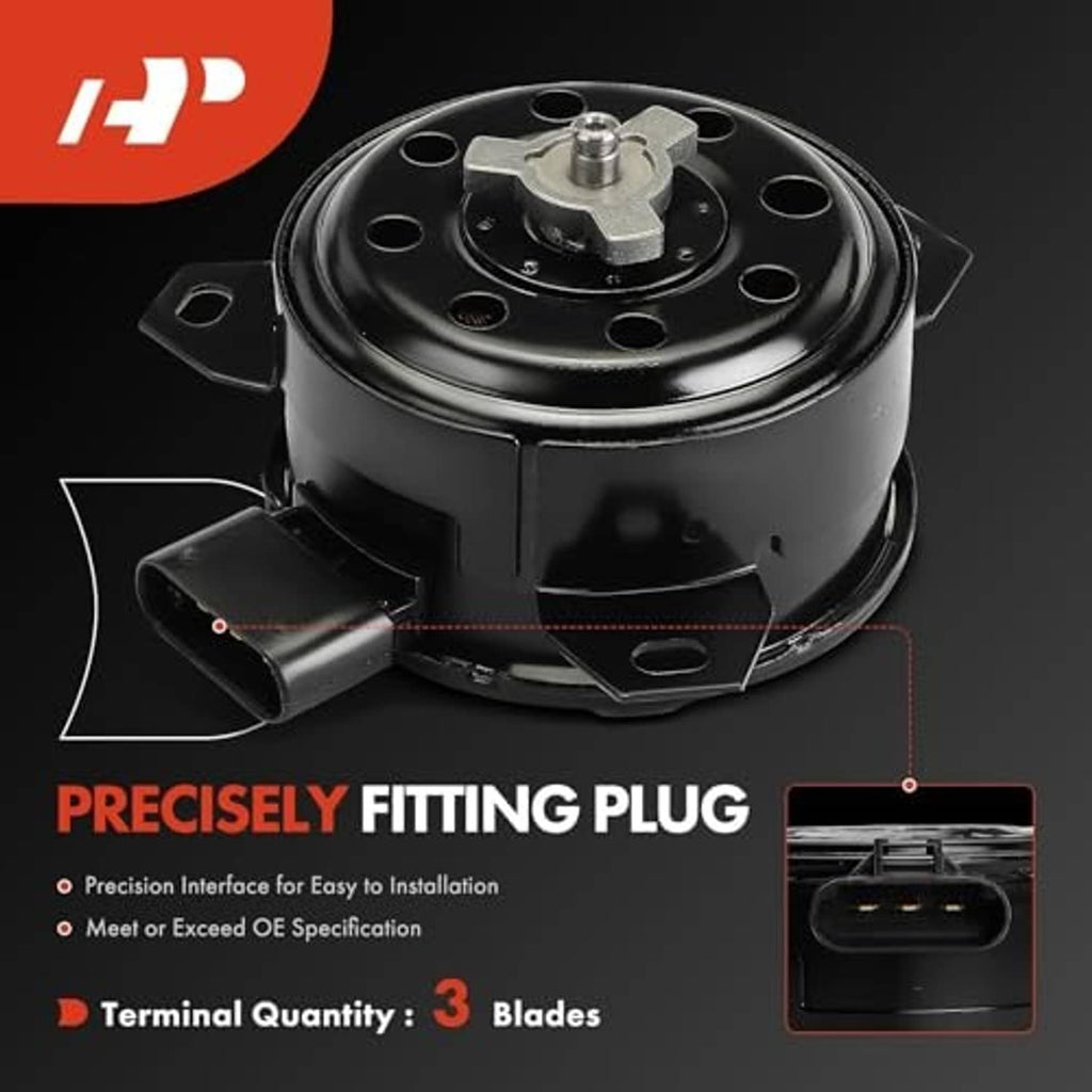 Black radiator fan motor with metal shaft and angled mounting bracket