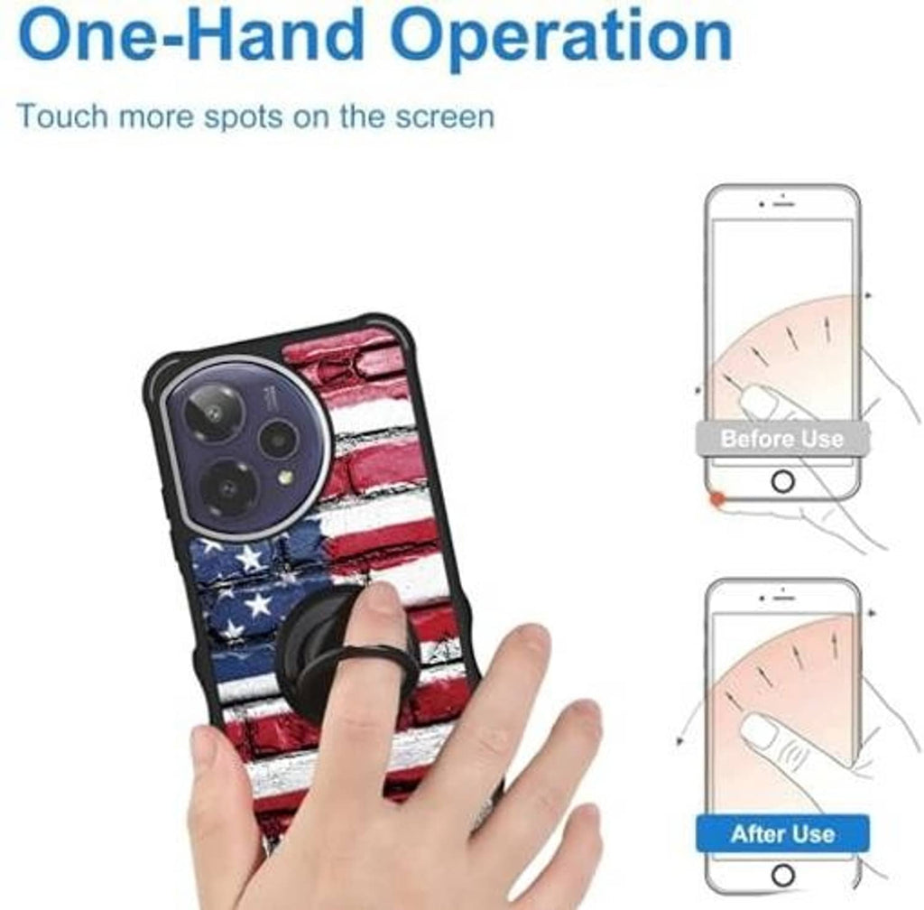 Rugged phone case with American flag brick print and ring holder on back