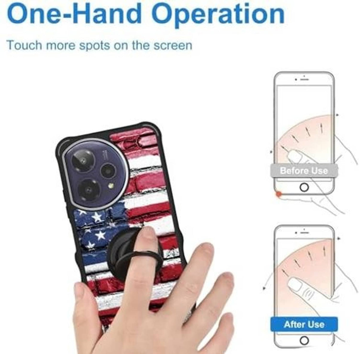 Rugged phone case with American flag brick print and ring holder on back