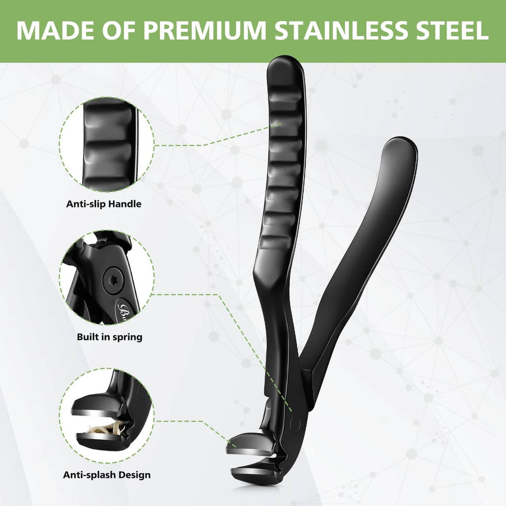 Black stainless steel toenail clipper with ribbed anti-slip grip handle