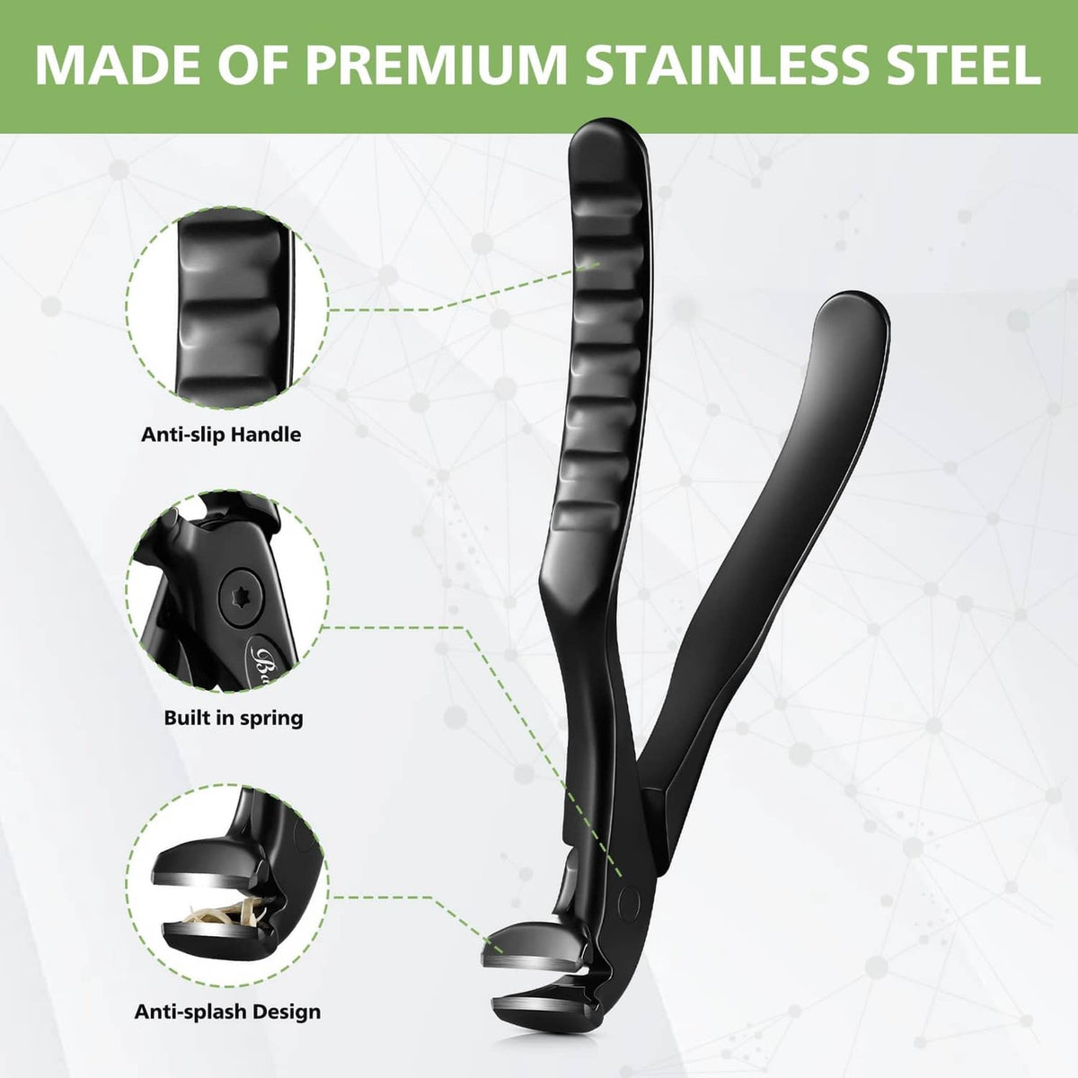 Black stainless steel toenail clipper with ribbed anti-slip grip handle