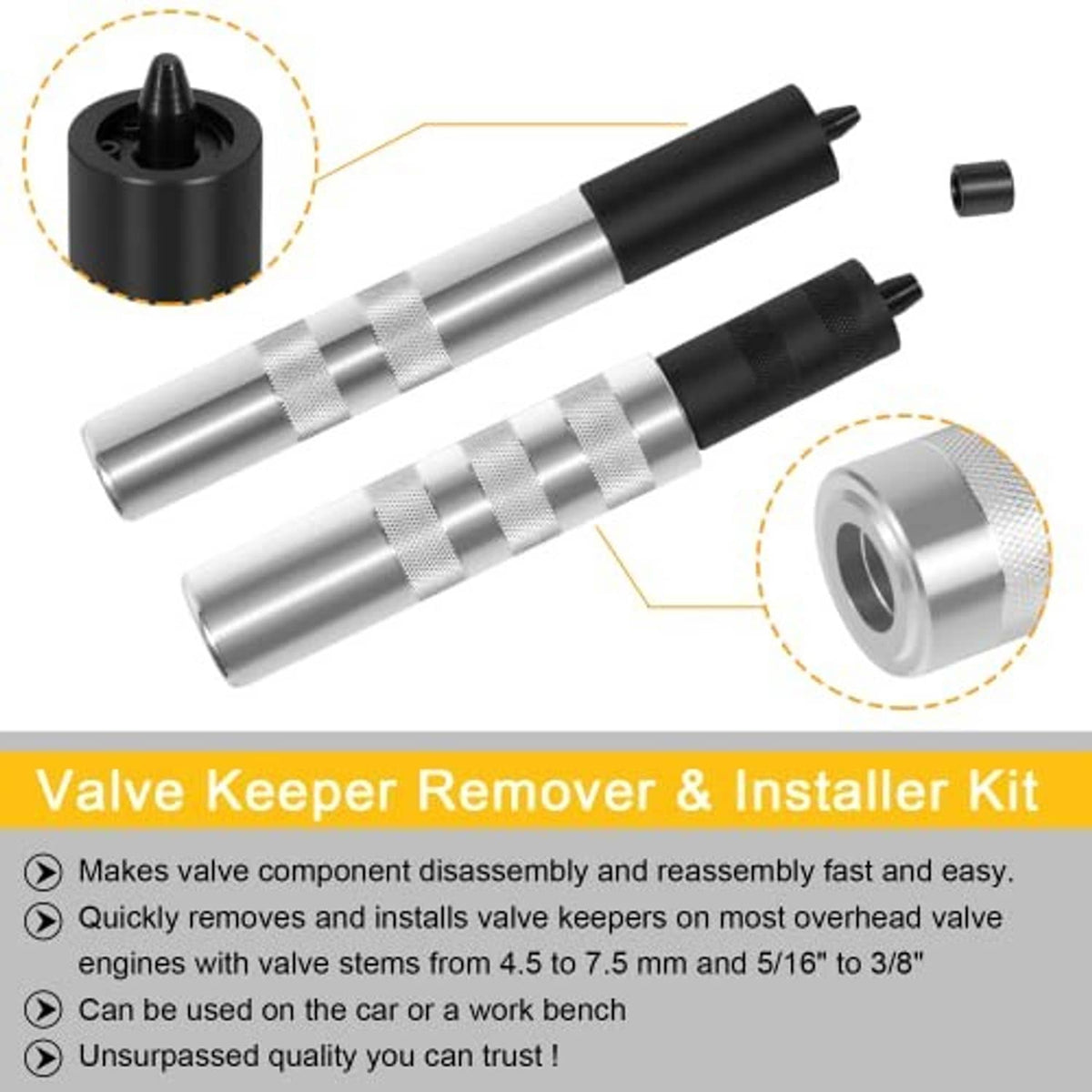Valve spring remover/installer tool set: two silver cylinders, black tips, small sleeve
