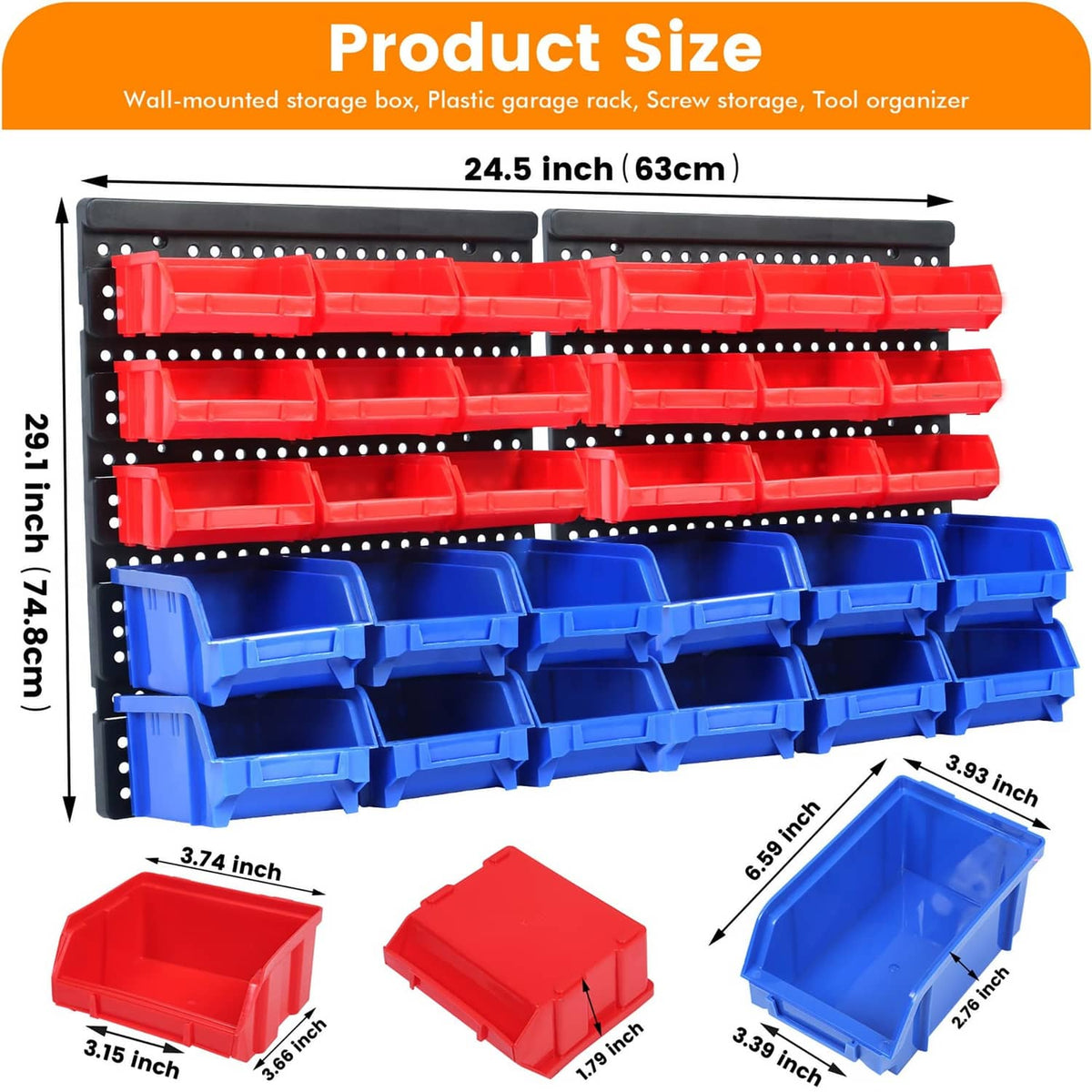 Maxworks 80694 30-bin wall-mount parts rack diagram with red and blue storage trays.