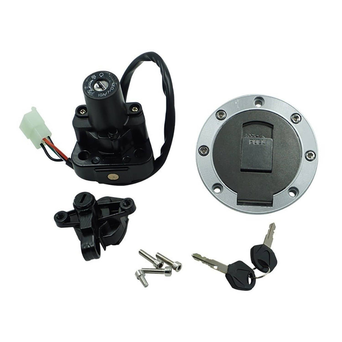 Ignition switch and seat lock set with keys, wiring, and mounting hardware