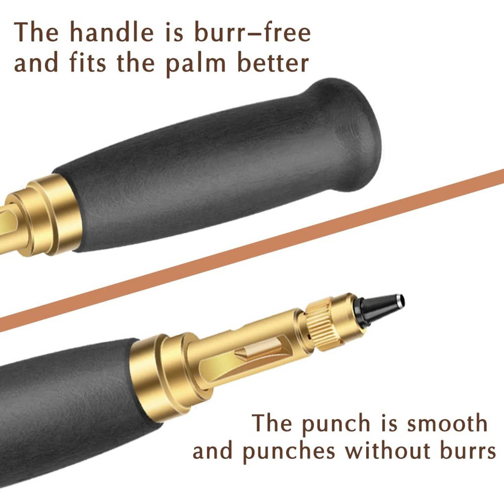 Automatic hole punch tool close-up: dark handle with brass collar and metal punch tip