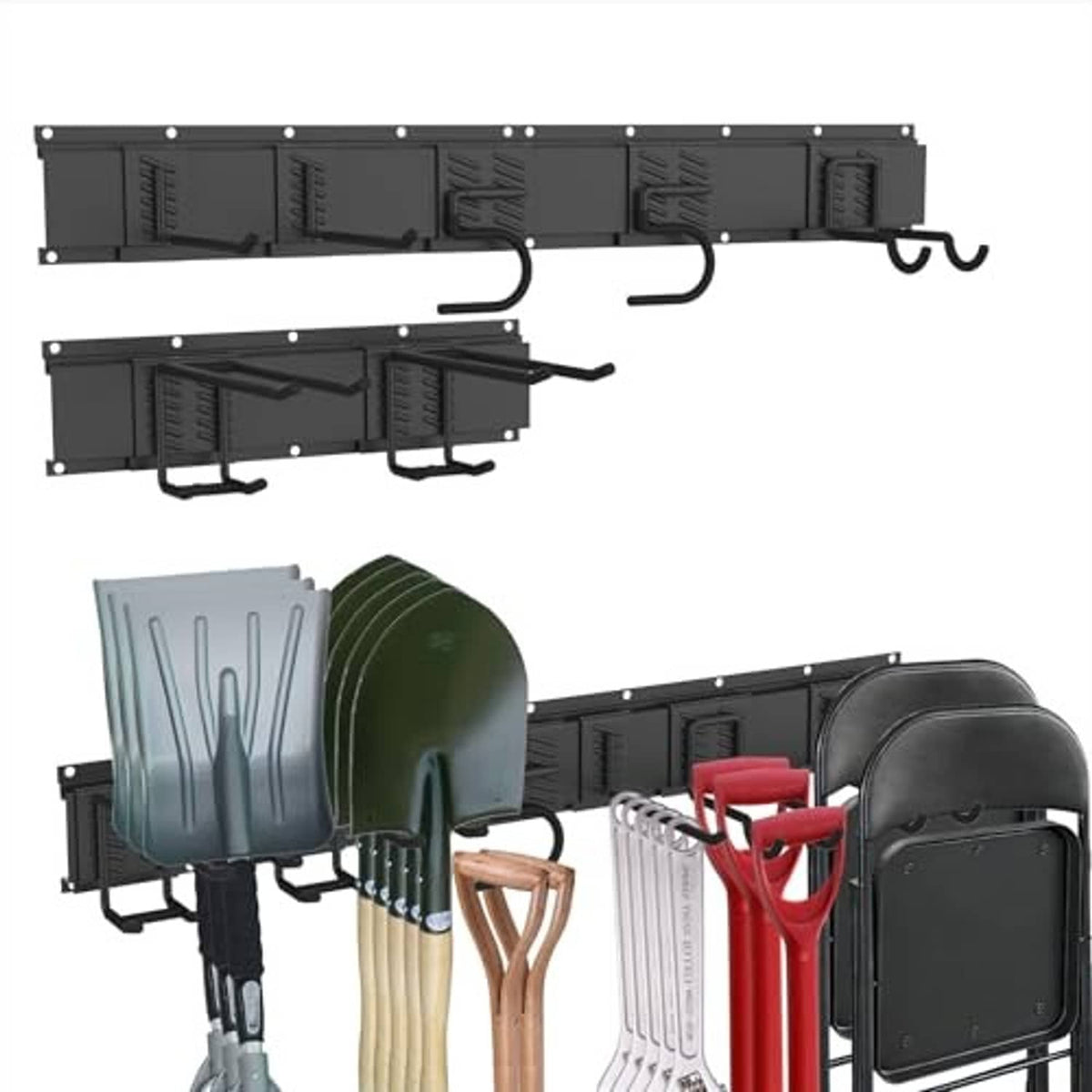 Black wall-mounted tool organizer rack with multiple bins and curved hanging hooks