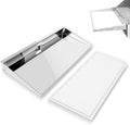 Rectangular grill serving shelf with hinged lid and removable white cutting board