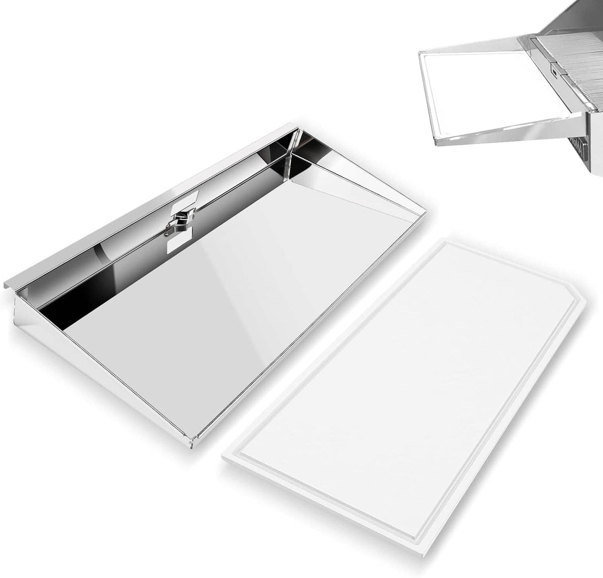 Rectangular grill serving shelf with hinged lid and removable white cutting board