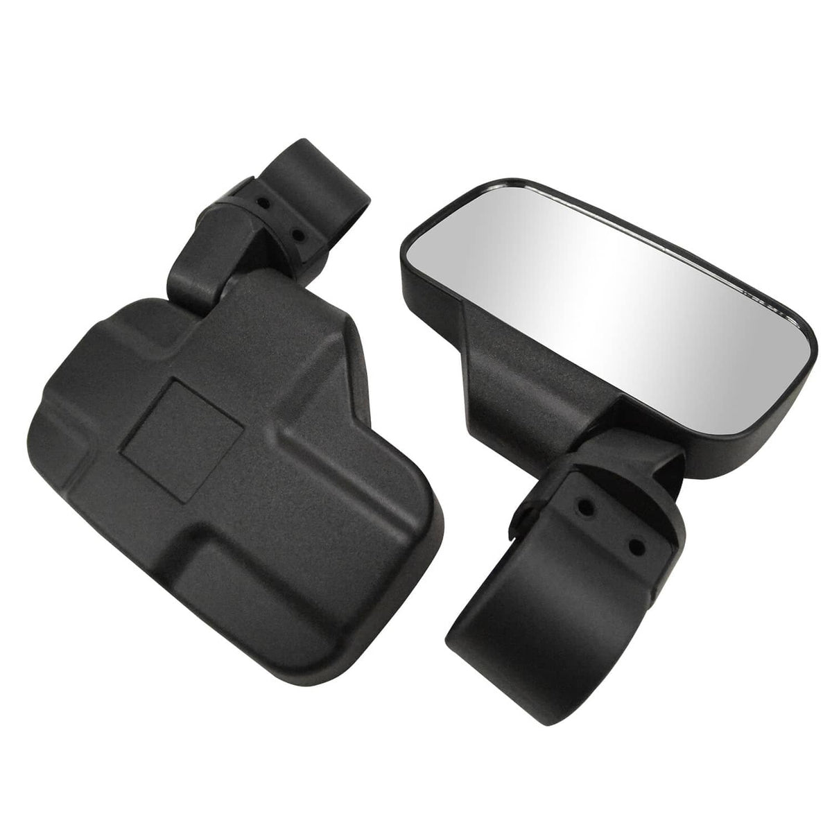 Black UTV rear view side mirrors with two rectangular mirror heads and angled mounts