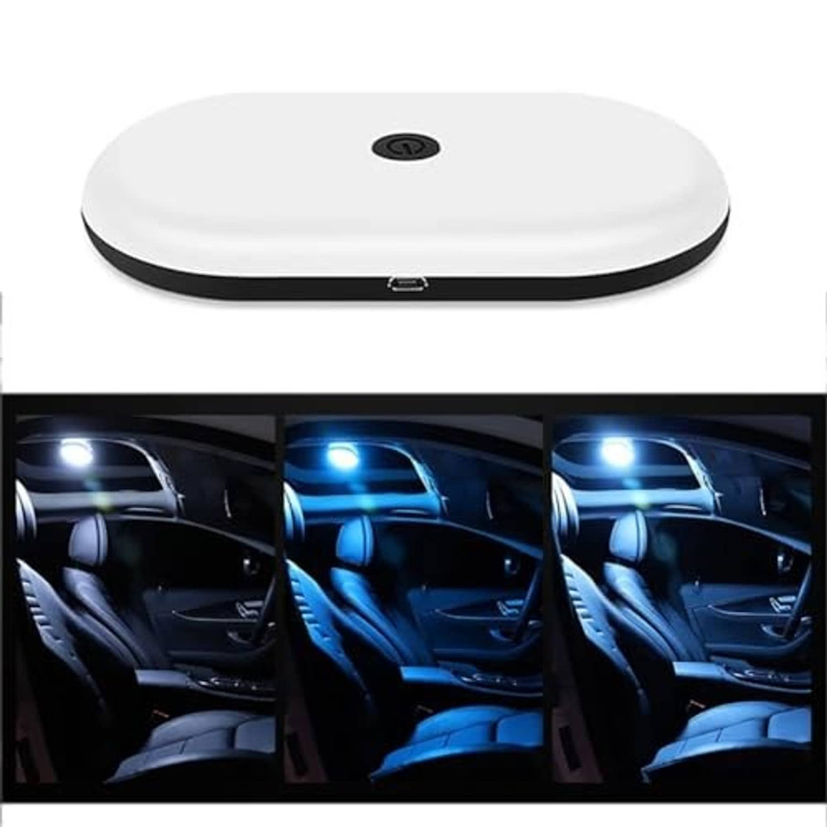 Rechargeable LED car dome light, round white housing glowing blue light inside vehicle