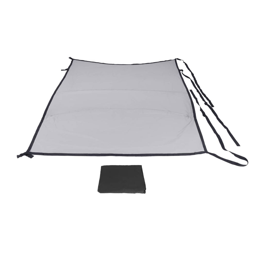Gray aircraft cabin and windshield cover with black trim and bundled straps