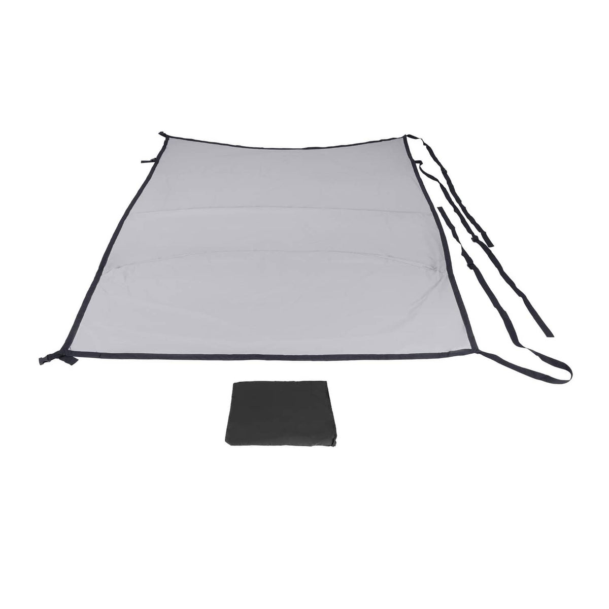 Gray aircraft cabin and windshield cover with black trim and bundled straps