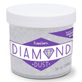 Clear plastic jar of diamond dust glitter with white glitter and purple label, 14 oz