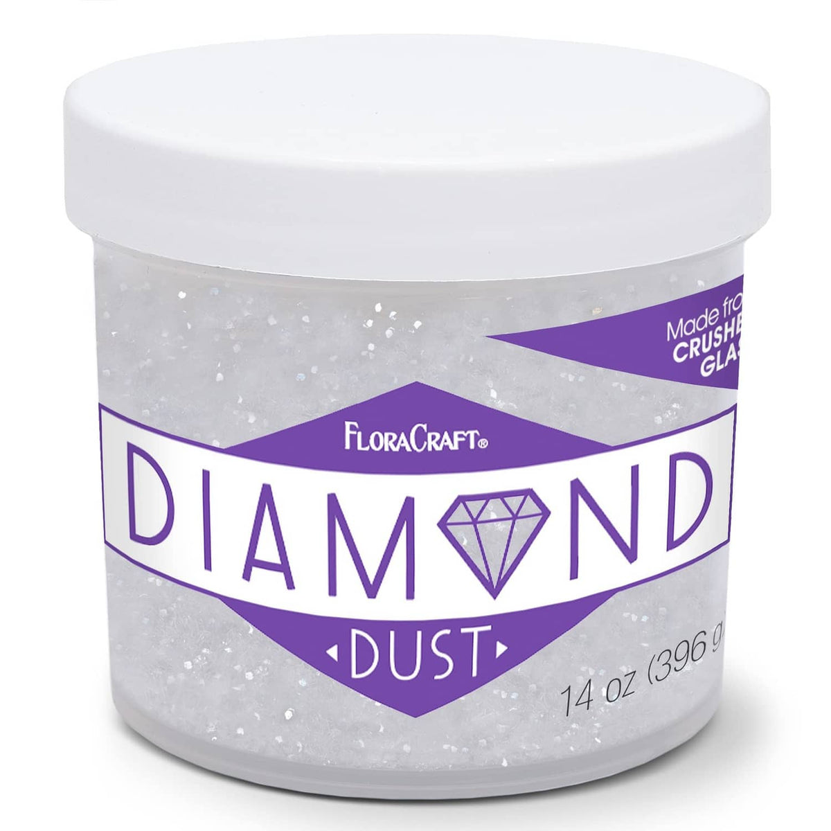 Clear plastic jar of diamond dust glitter with white glitter and purple label, 14 oz