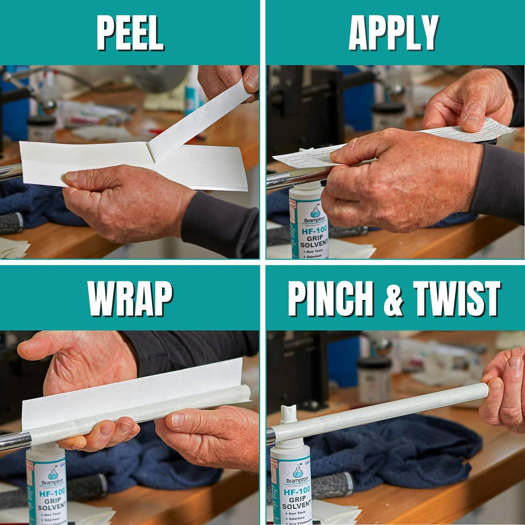 Regripping steps showing peel, apply, wrap, and pinch & twist grip tape on a club