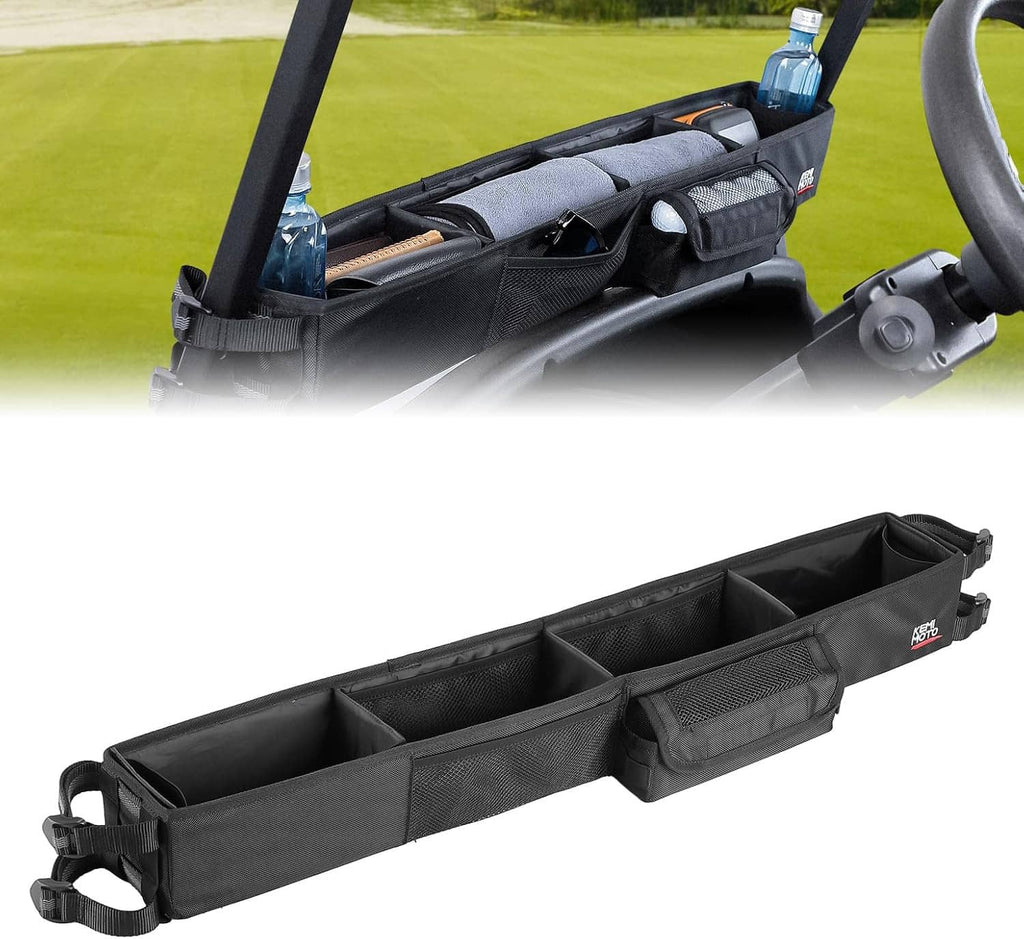 Black golf cart front storage basket with mesh cup pocket and secure fastening straps