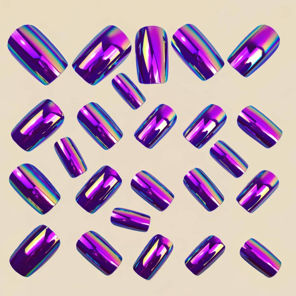 Purple chrome mirror press-on nails, medium square tips shown as a full set