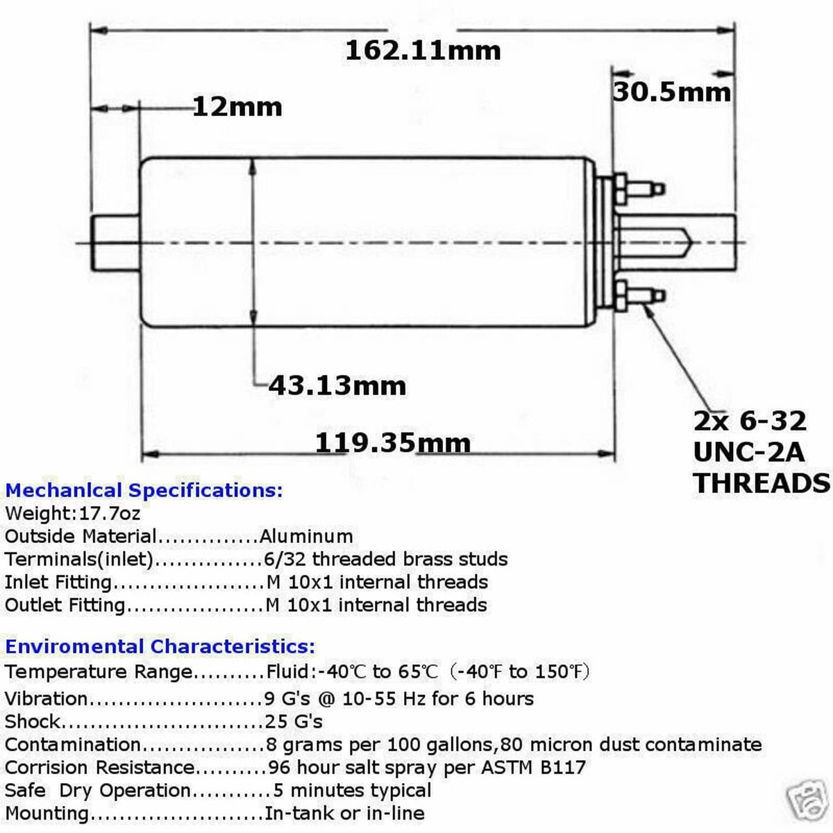 Fuel pump dimension diagram with inlet/outlet thread callouts and mounting measurements