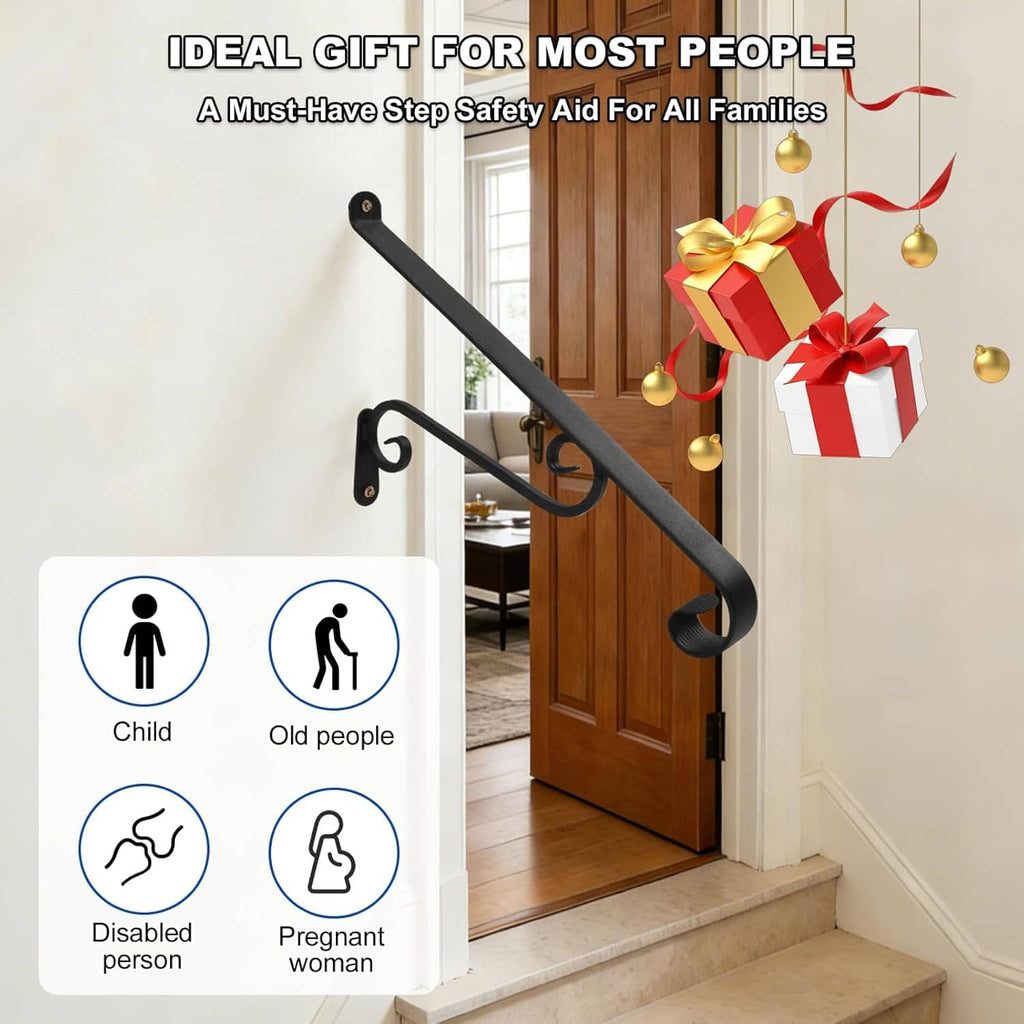 Wall-mounted metal stair handrail with curved grip and decorative scroll bracket