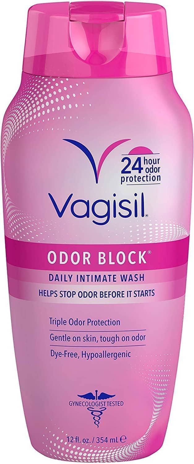 VagiSil Odor Block daily intimate wash bottle, pink with flip-top cap