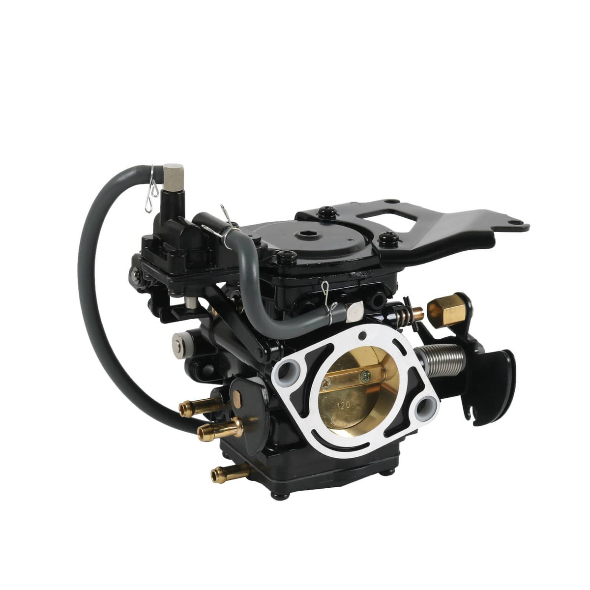 Black carburetor assembly with circular inlet and vacuum linkage, side view