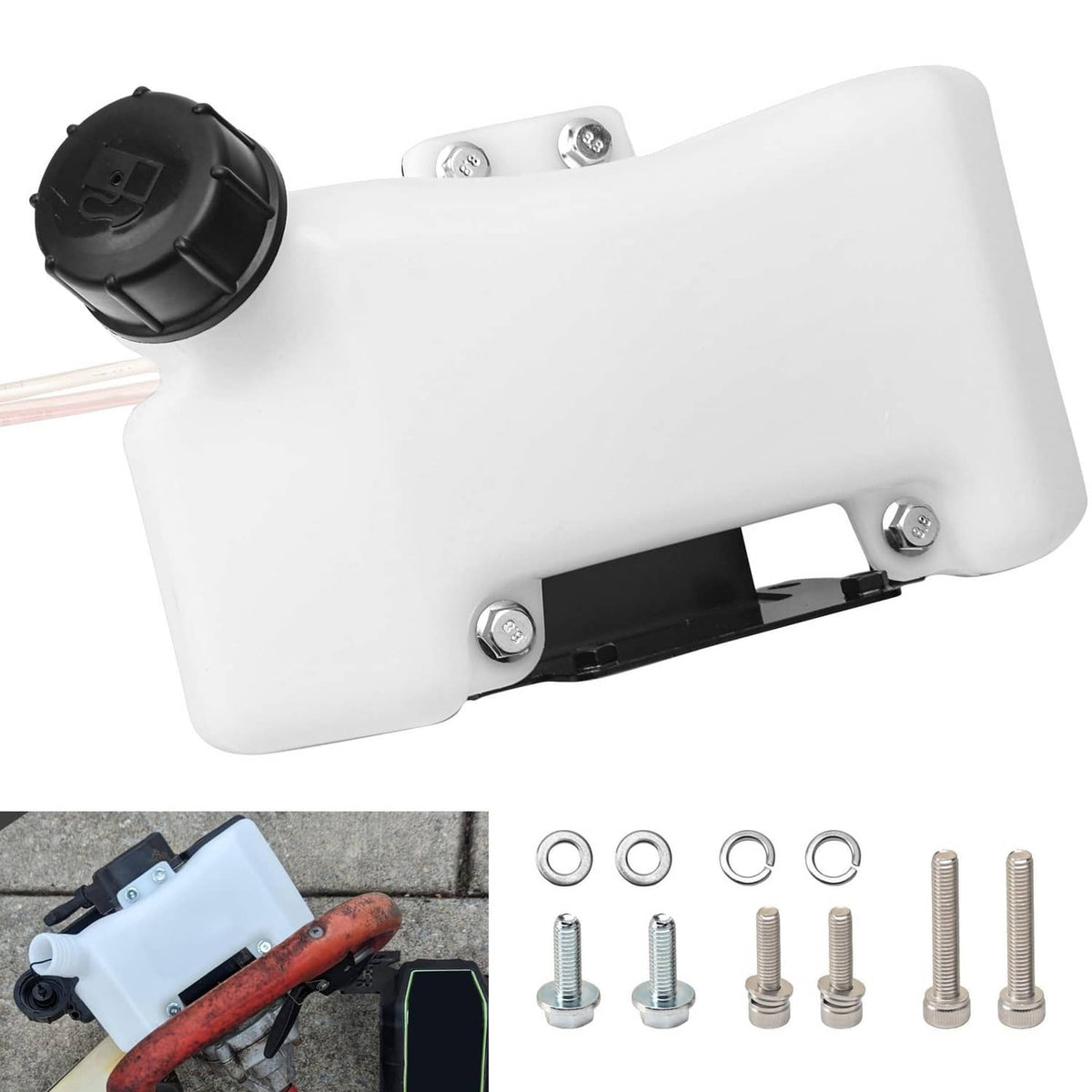 White fuel gas tank with black cap and three mounting tabs, replacement style