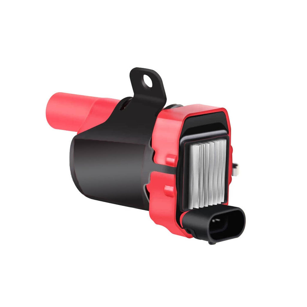 Ignition coil with red housing, black connector, and ribbed metal insert