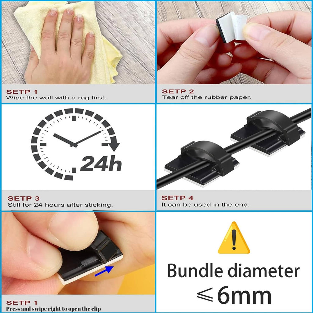 Black adhesive cable clips, designed for cable bundle diameter around 6 mm