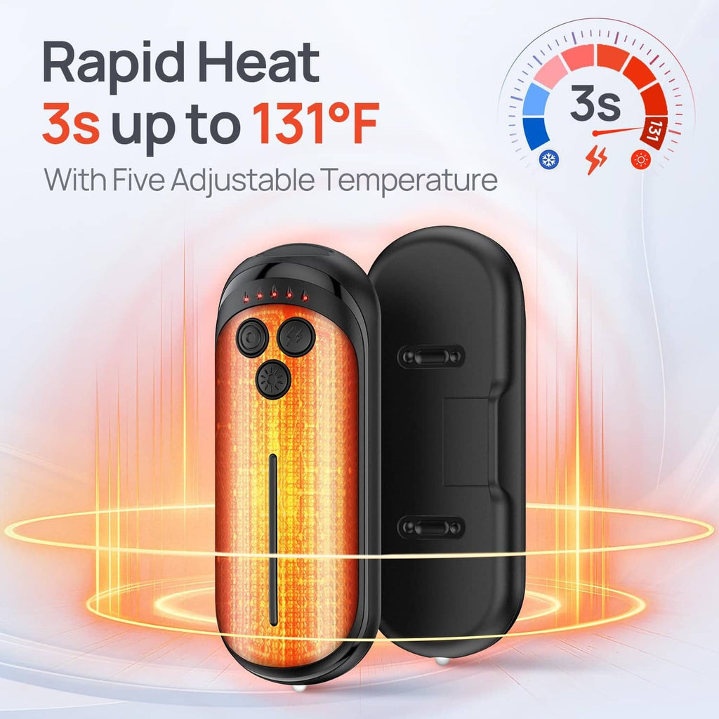 Two black rechargeable hand warmers with glowing heat vents and control buttons