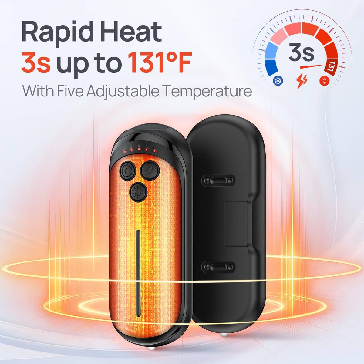Two black rechargeable hand warmers with glowing heat vents and control buttons