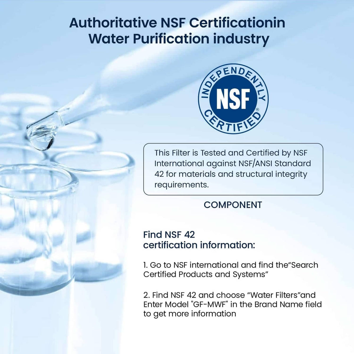 White refrigerator water filter cartridge beside NSF 42 dependent certified seal