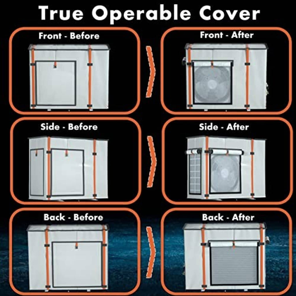 Beige mini split air conditioner cover with operable front, side, and back panels