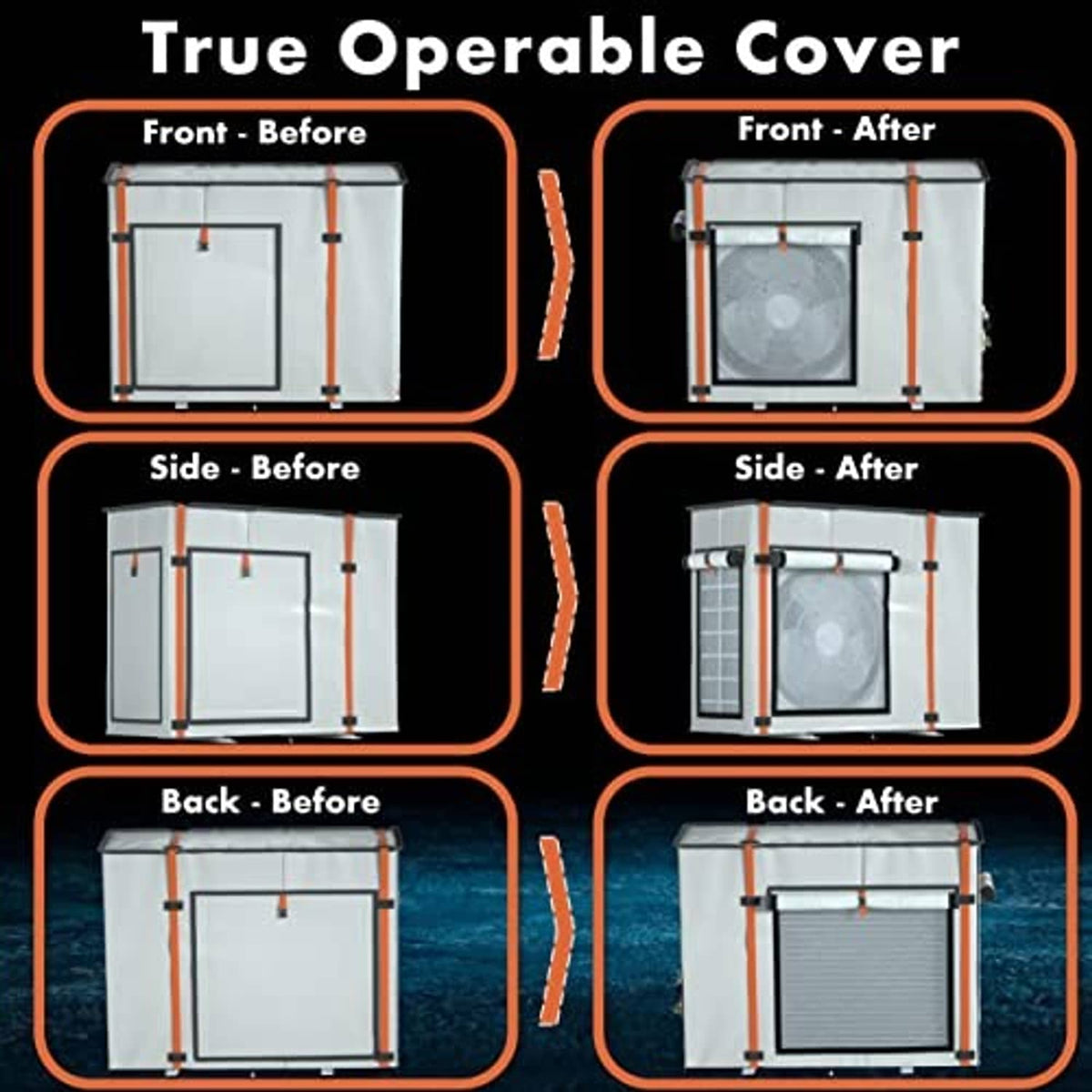 Beige mini split air conditioner cover with operable front, side, and back panels
