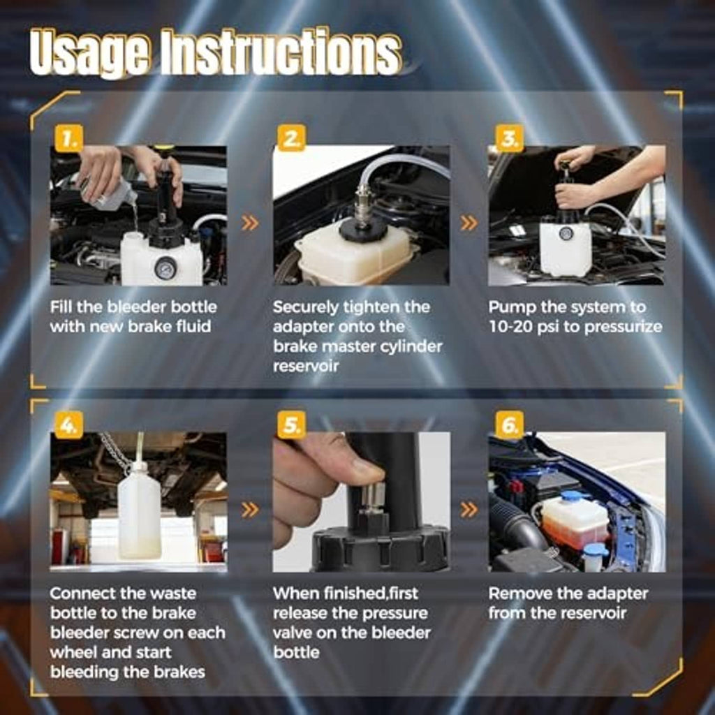 Brake bleeder usage set showing bottle connection and pressure pumping with release valve