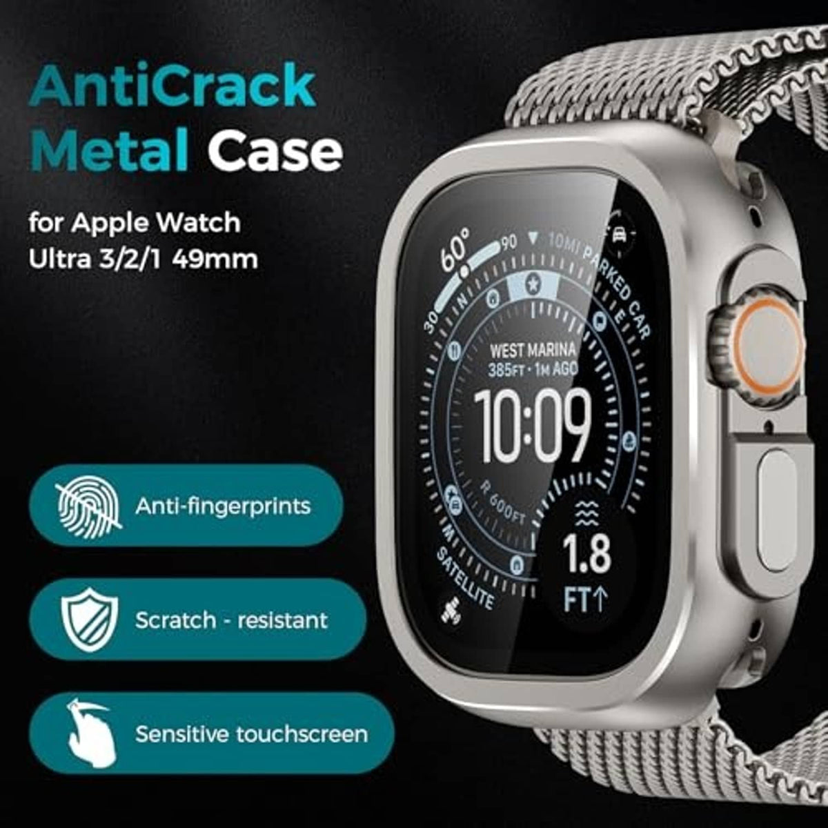 Silver anti-crack metal case for watch with clear front screen protector installed