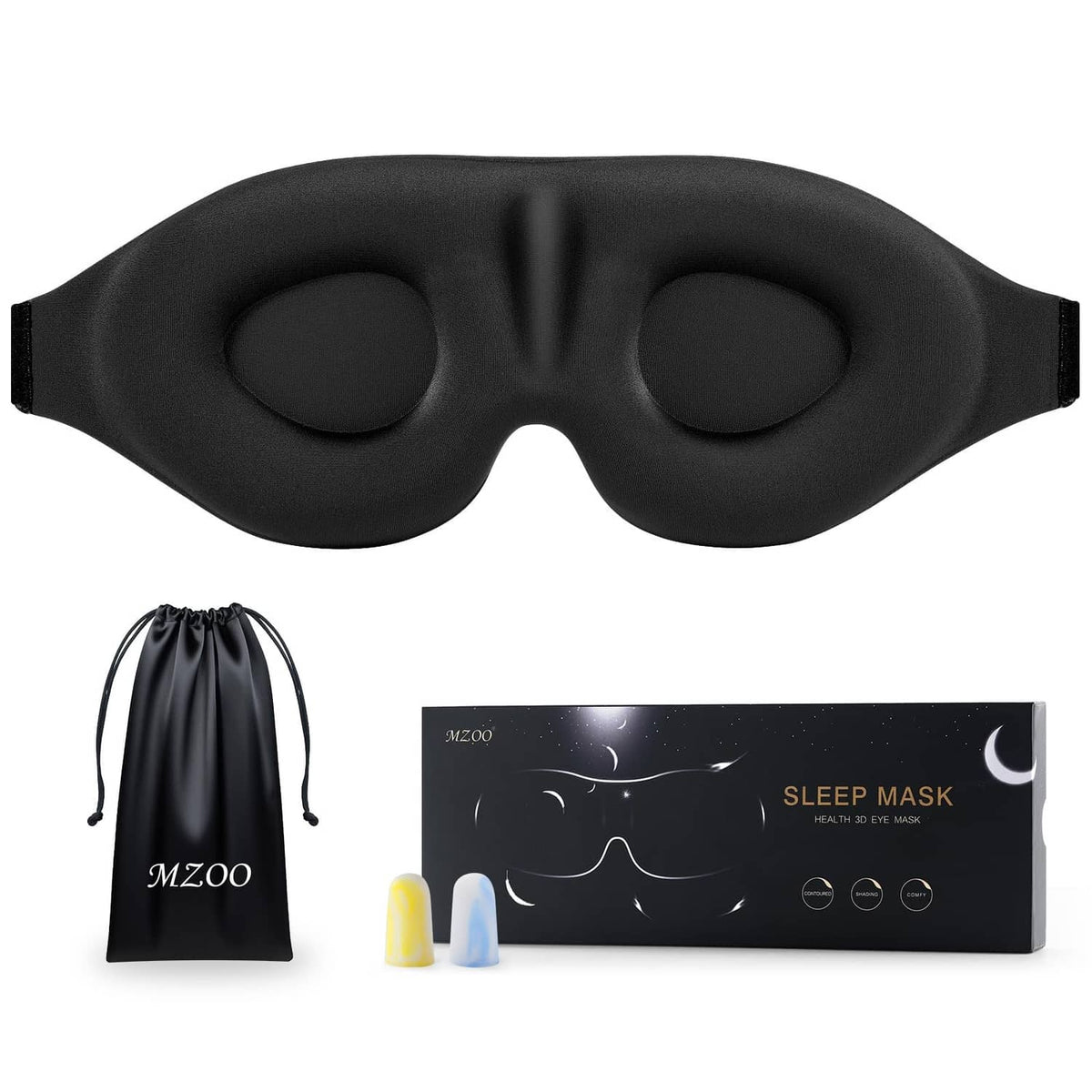 Black contoured sleep eye mask with soft cushioned eye cups and side strap
