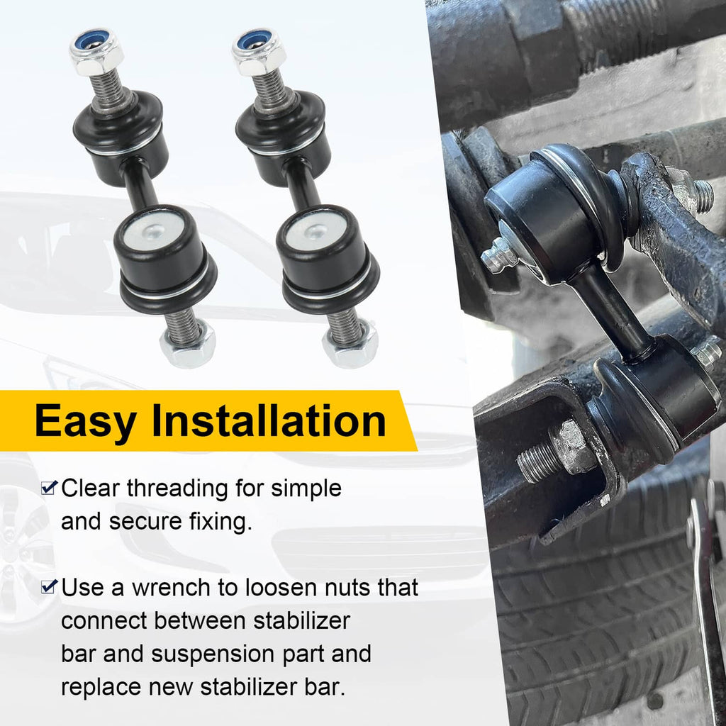 Black sway bar end link with rubber boot and silver stud, shown on suspension